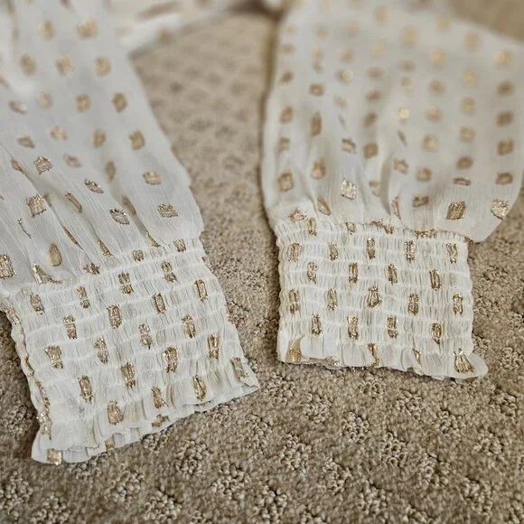 LOFT Clip Ruffle Smocked Blouse Women SZ Medium gauzy top lightweight lined Gold - Picture 15 of 15
